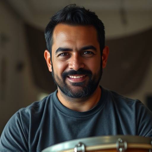 Retrato de Pedro Silva, professor de bateria, com um olhar determinado e amigável.