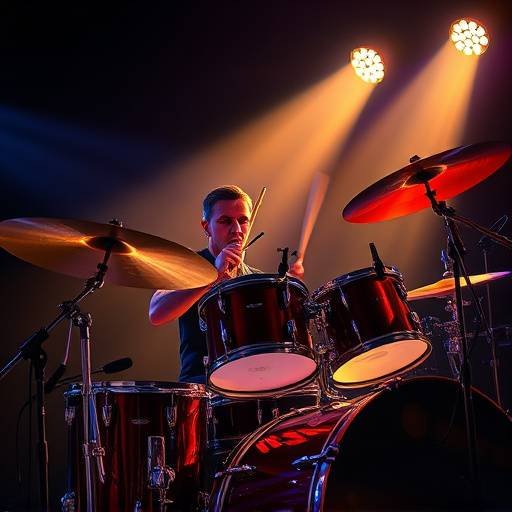 Um baterista tocando bateria com energia e precisão