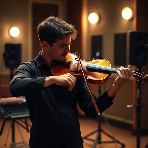 Um violinista tocando um violino em um estüdio de gravaäão