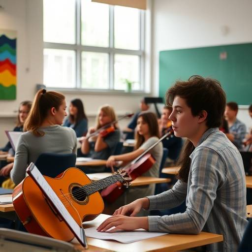 Uma sala de aula com alunos aprendendo teoria musical